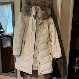 Ralph Lauren Cream Down Puffer Coat with Faux Fur Hood Trim